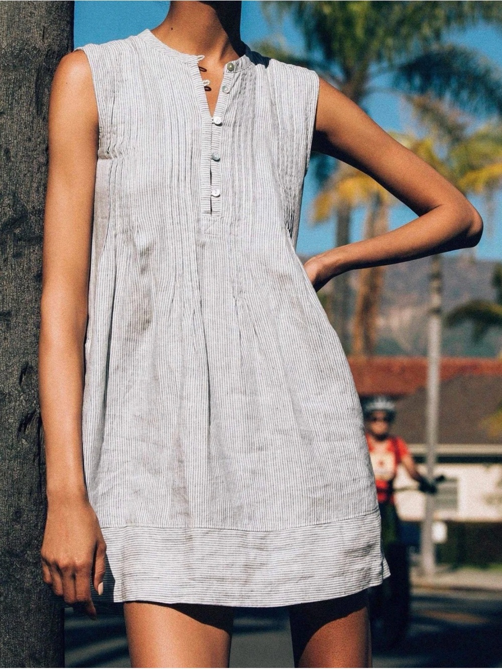Faherty Isha Linen Mini Dress XS Sleeveless Pintuck Stripe EUC